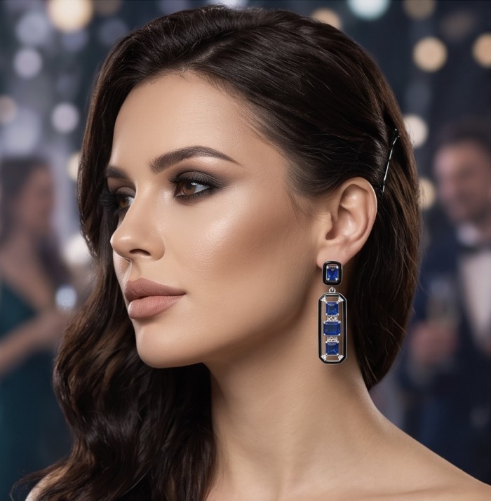 Art Deco 11.5 carat Sapphire black enamel .925 Sterling Silver handcrafted earrings - Side view of Art Deco sapphire earrings worn on woman.