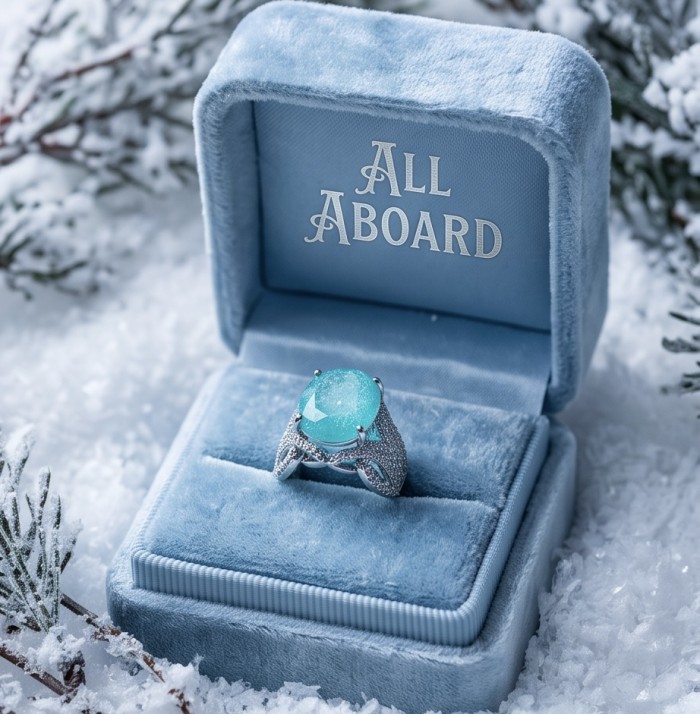 Marina tiffany Blue 17.8 carat Aquamarine .925 Sterling Silver handcrafted Large ring size 7 1/4 - Aquamarine ring in blue box, top view on snowy background.