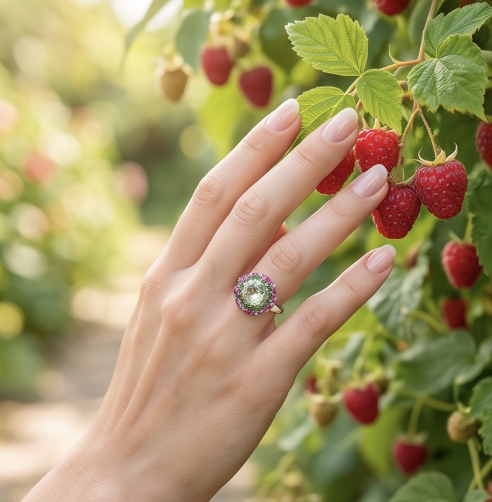 Natural 4.9 carat Green Amethyst .925 Sterling Silver handmade Statement Ring size 8 - Green Amethyst ring worn on hand near raspberry plant.