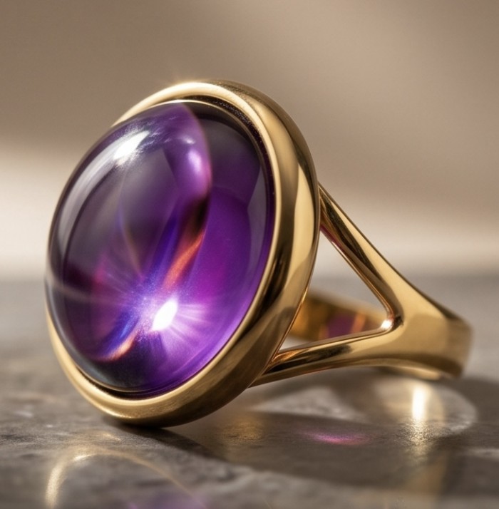 Top quality 22.5 carat Amethyst .925 Sterling Silver dipped in 18K Gold Handcrafted Large Ring size 8 1/4 - Amethyst ring side view showcasing its gold setting and design.