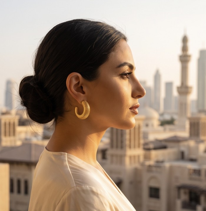 Dubai Style - .925 Sterling Silver dipped in 22K Gold handmade Earrings - Side view of woman wearing gold hoop earrings against cityscape backdrop.