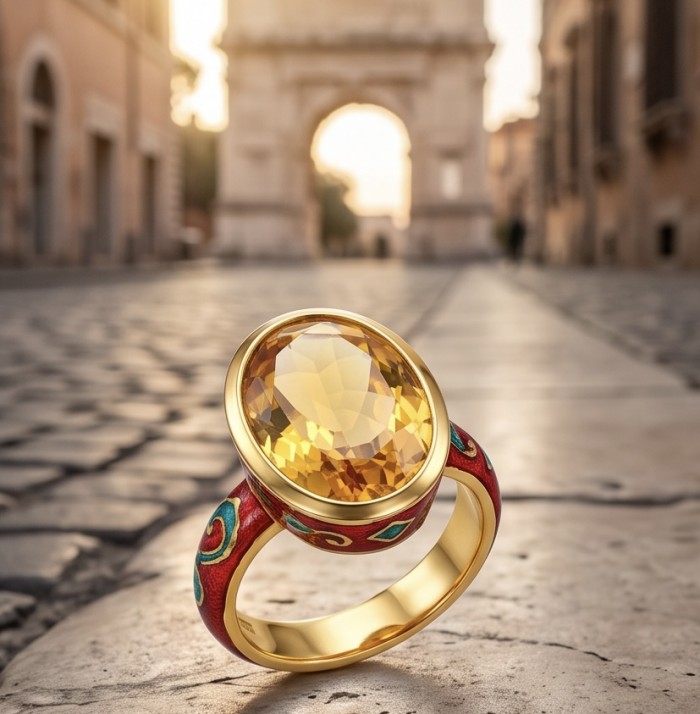 Summer time Fiesta Natural 9.8 carat Swiss Blue Topaz Enamel .925 Sterling Silver dipped in 22K Gold handmade Statement Ring size 6 - Close-up of Conqueror ring with 9.8 carat topaz and enamel design.