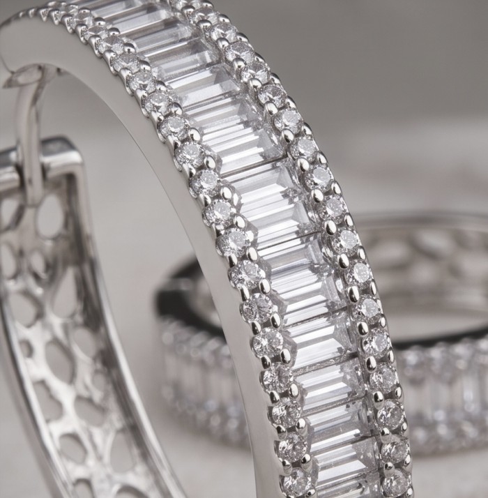 Allure Natural 8.2 carat White Topaz .925 Sterling Silver handcrafted hoop earrings - Close-up of Allure White Topaz Sterling Silver earring detail