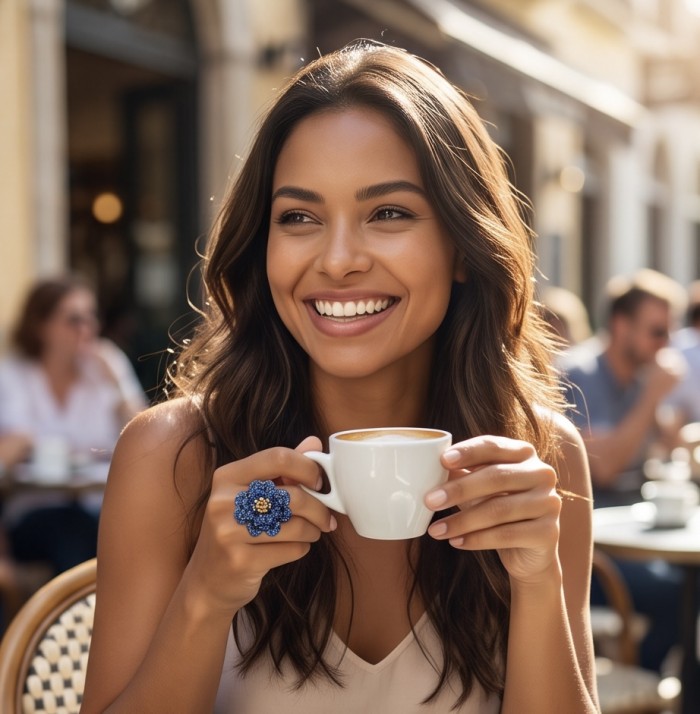Blue Rose 22.5 carat Sapphire black rhodium over 18K Gold .925 Sterling Silver handcrafted ring size 8 1/2 - Blue Rose sapphire ring worn on hand while holding a cup.