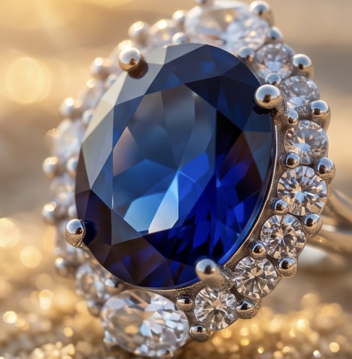 Stella oval cut 9.5 carat Sapphire .925 Sterling Silver handmade Statement ring size 7 - Close-up of Stella 9.5ct sapphire and diamond ring in sterling silver