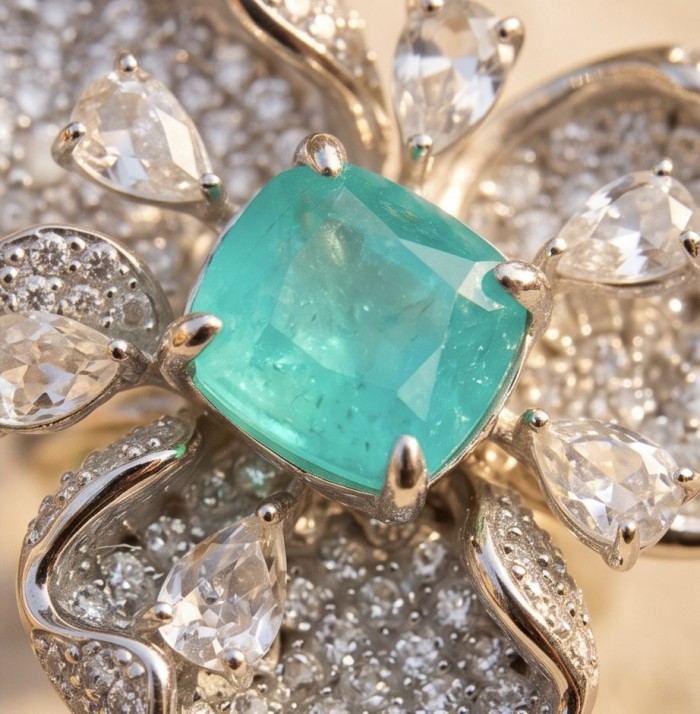 Elizabeth 4.8 carat Colombian Emerald 8.2 carat Moissanite .925 Sterling Silver dipped in Rhodium handcrafted Ring size 6 1/4 - Close-up of Elizabeth ring with emerald and moissanite stones.
