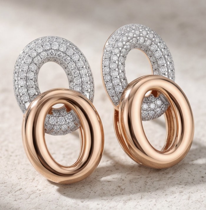 Top quality Sublime 1.38 carat pave White Topaz 14K Rose Gold over .925 Sterling Silver handcrafted Earrings - Close-up of 14K rose gold earrings with white topaz pave detailing.