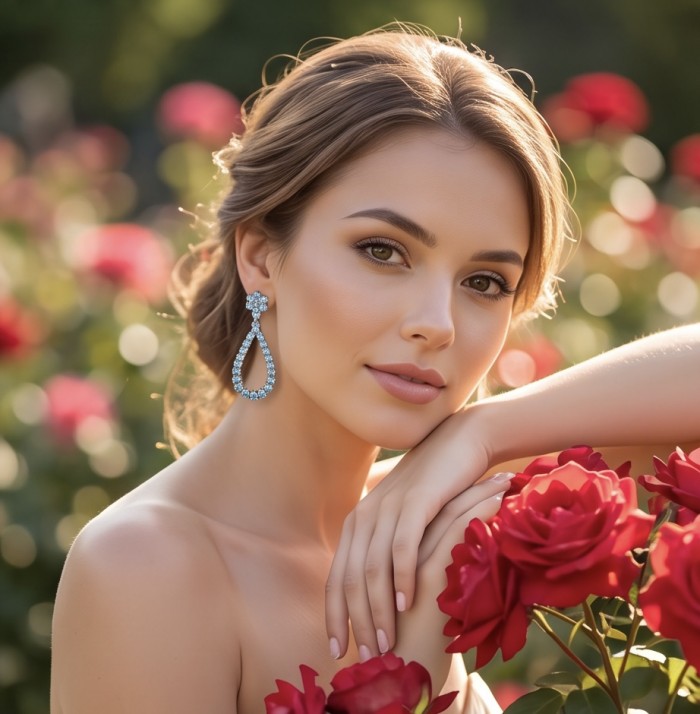 Serenity 14.5 carat genuine Swiss Blue Topaz .925 Sterling Silver handmade Statement Handcrafted earrings - Woman wearing Serenity Swiss Blue Topaz earrings in a rose garden