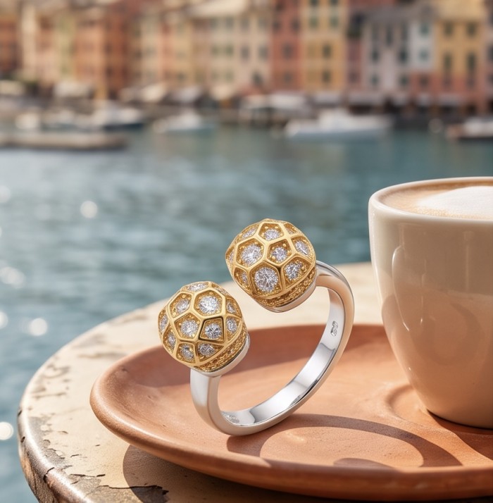 Luxurious 3.8 carat White Topaz 14K Gold over .925 Sterling Silver handcrafted Statement Ring size 7 - Luxurious Topaz Gold Ring close-up on table by the sea.