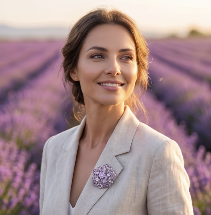 Mademoiselle - Vintage Design 45.4 CARAT Brazilian Pink Amethyst rhodium over .925 Sterling Silver handcrafted Pendant & Brooch - Close-up of brooch on lapel in lavender field background.
