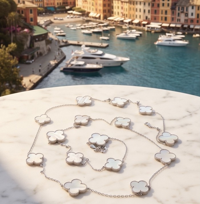 44 inches Outstanding authentic inlay Blister Pearl Lucky Four Leaf Clover .925 Sterling Silver Station necklace - Lucky inlay Blister Pearl necklace on marble with marina backdrop