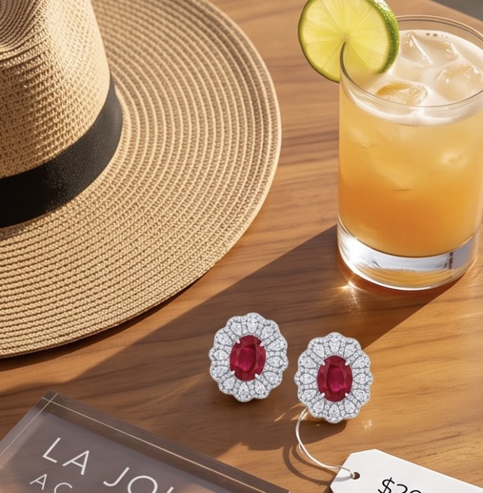 Genuine 3.8 carat Ruby rhodium over .925 Sterling Silver handcrafted Statement Earrings - Ruby earrings on table with hat and drink, price tag visible.