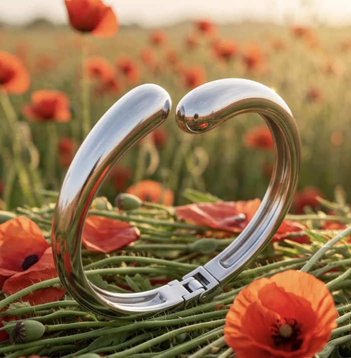 Fancy .925 Sterling Silver handcrafted Statement Italy made Bracelet / Cuff - Sterling silver bracelet close-up on poppy flowers.