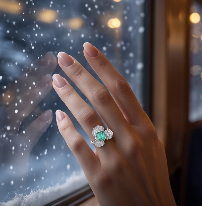 Elizabeth 4.8 carat Colombian Emerald 8.2 carat Moissanite .925 Sterling Silver dipped in Rhodium handcrafted Ring size 7 1/2 - Emerald and moissanite ring worn on hand by a snowy window.