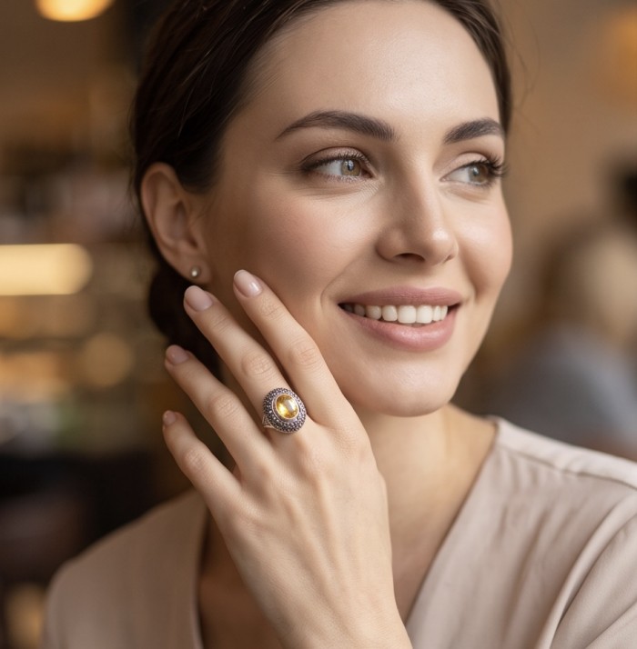 Costa del Sol 9.4 carat Lemon Quartz rhodium over .925 Sterling Silver handcrafted ring size 7 - Woman wearing Costa del Sol Lemon Quartz ring, close-up on hand.