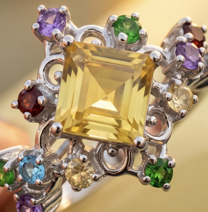 Victoria 5.2 carat Brazilian Citrine .925 Sterling Silver dipped in 14K Gold handcrafted ring; s. 8 3/4 - Close-up of Victoria 5.2 carat Brazilian Citrine in .925 Sterling Silver