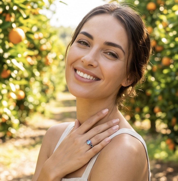 Pacifica 1.8 carat Swiss Blue Topaz .925 Sterling Silver handcrafted ring size 7 - Woman wearing Pacifica 1.8 ct Swiss Blue Topaz ring in orchard setting.
