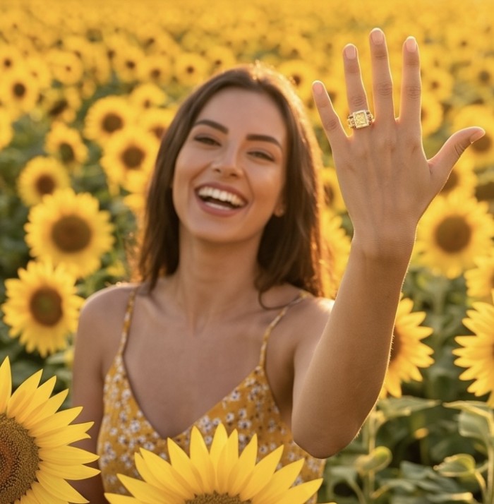 Wearable Art -princess cut - Solid 25.8 carat Genuine Yellow Sapphire .925 Sterling Silver dipped in rhodium handcrafted ring size 8 - Sunflower field ring display, princess cut, worn on hand.
