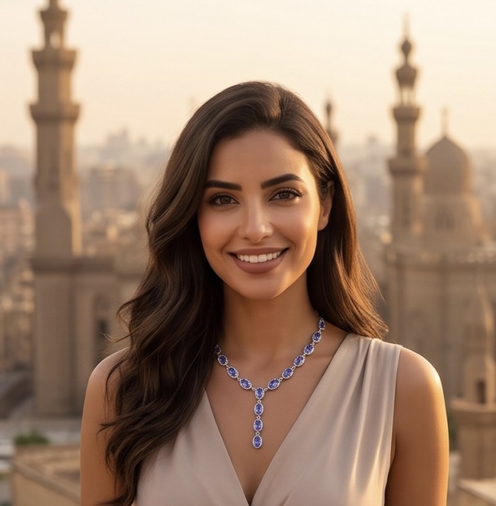 Luxurious 12.2 carat Genuine Tanzanite .925 Sterling Silver handmade Necklace - Woman wearing 12.2 carat genuine tanzanite necklace, front view.