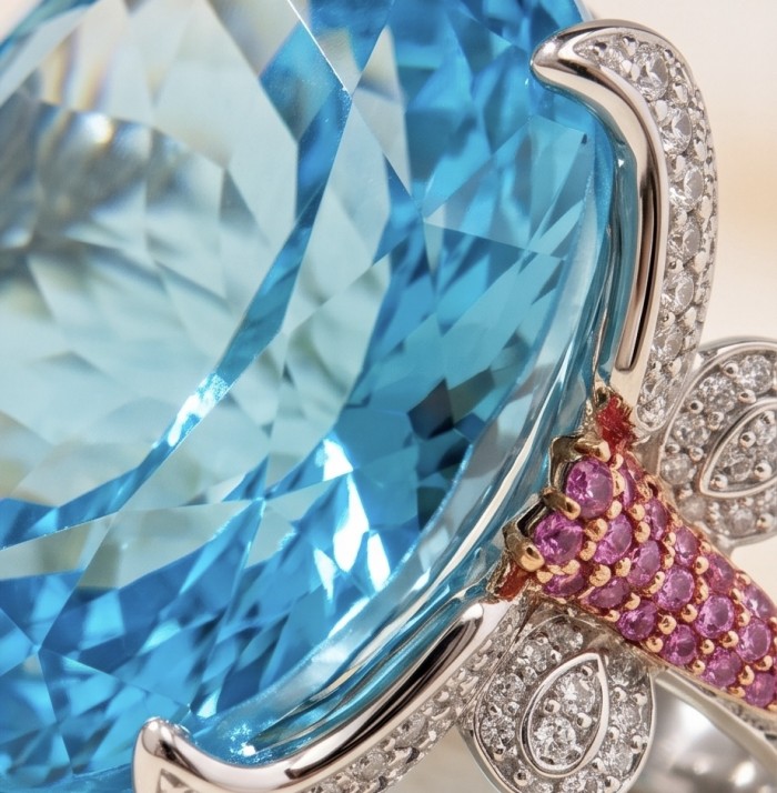Pacifica - Authentic 30.8 carat Swiss Blue Topaz Rhodium over .925 Sterling Silver handcrafted Large Statement ring size 7 1/4 - Stone close-up of Swiss Blue Topaz with diamond accents