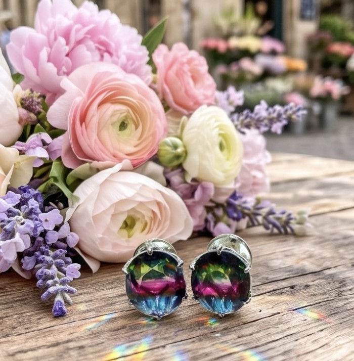 Luxurious authentic 11.2 carat Brazilian Tourmaline .925 Sterling Silver handcrafted earrings - Tourmaline earrings with flowers, close-up on wooden table.