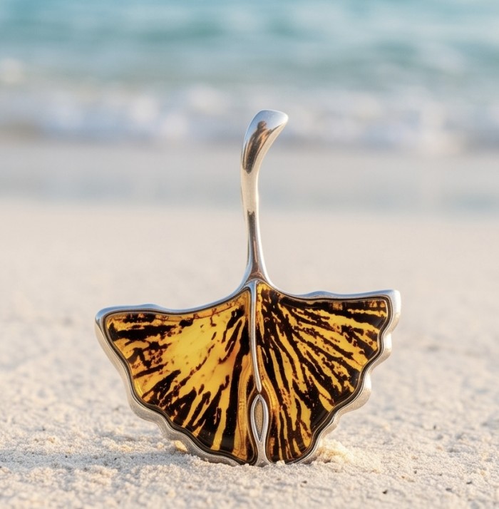 Eden Lily of the Valley Baltic Amber TearDrop Pendant .925 Sterling Silver handmade Pendant BROOCH - Pendant close-up on sand, focusing on amber and silver details.