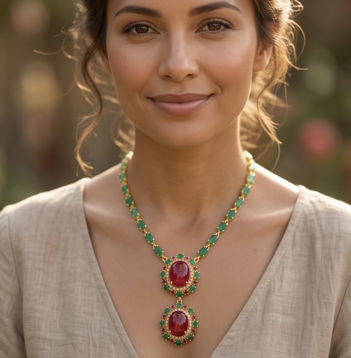 RARE BEAUTY! Valentina 88.2 carat Mozambique Ruby 22K Gold .925 Sterling Silver Statement Necklace - Woman wearing Mozambique ruby necklace in natural light