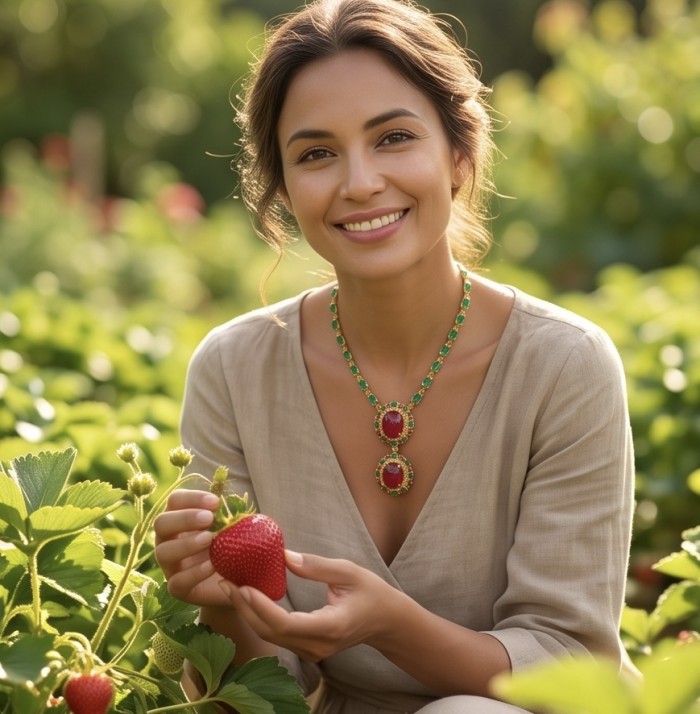 RARE BEAUTY! Valentina 88.2 carat Mozambique Ruby 22K Gold .925 Sterling Silver Statement Necklace - Woman wearing 88.2 carat Mozambique Ruby necklace in garden.
