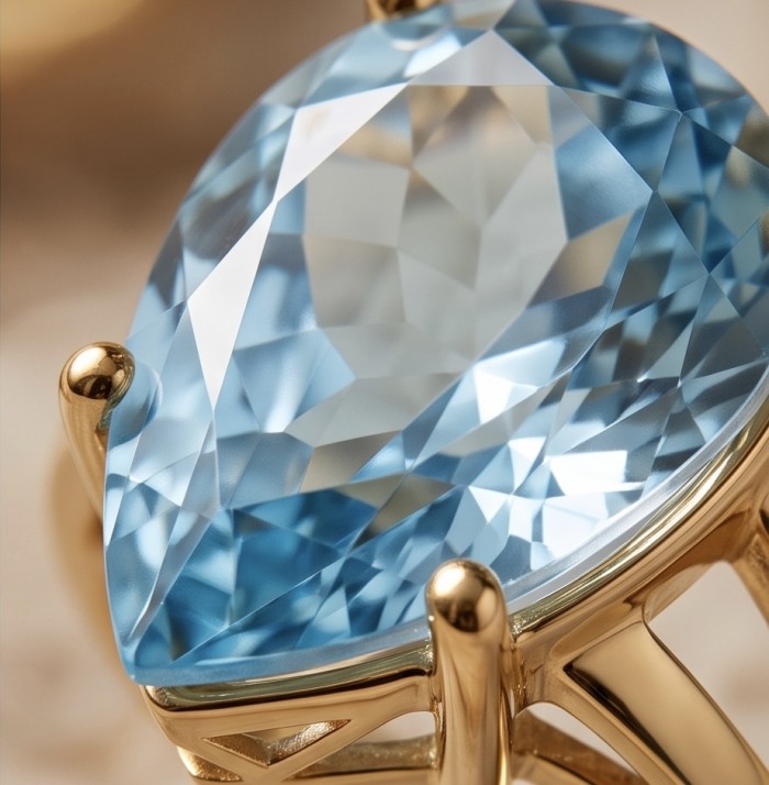 Nirvana Natural Fancy pear cut 17.8 carat Swiss Blue Topaz .925 Sterling Silver dipped in 14K Gold handmade Statement Ring size 5 - Close-up of Swiss Blue Topaz pear cut gemstone in gold setting.
