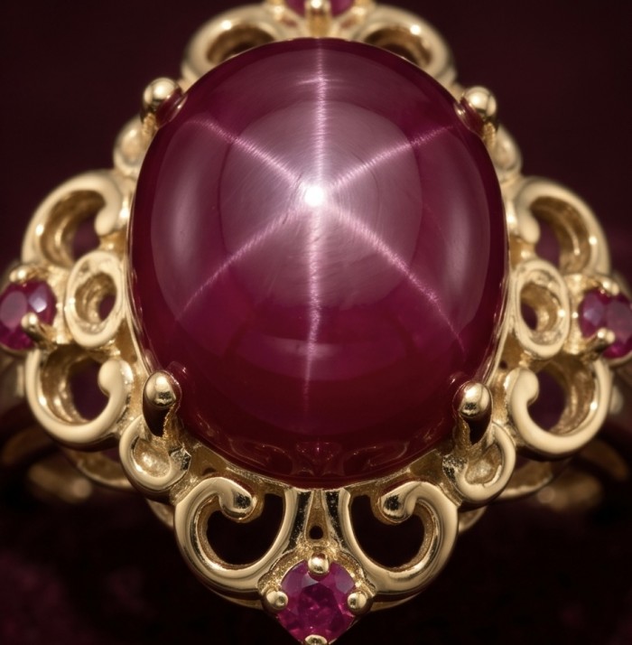 Bella Rosa Genuine 9.5 CARAT Star Ruby 22K Gold over .925 Sterling Silver Statement Ring size 7 - Close-up of Bella Rosa 9.5 carat star ruby in 22K gold setting