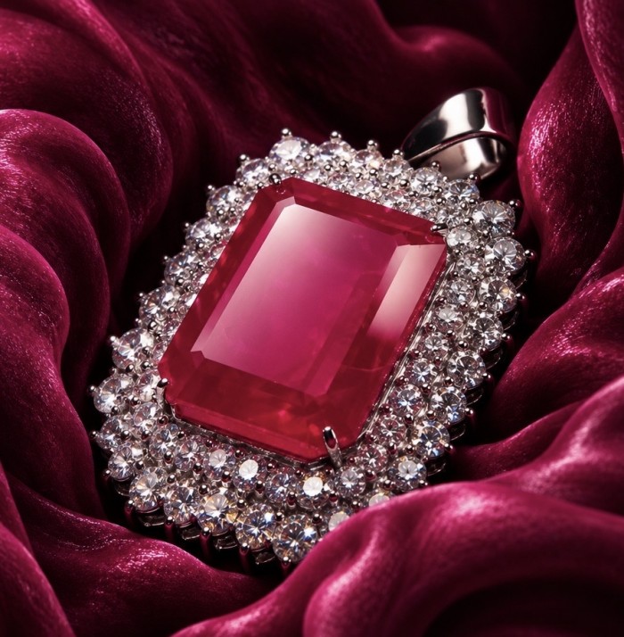 Rare finding! Deluxe 51.2 carat authentic emerald cut Kashmir Ruby rhodium over .925 Sterling Silver handmade Statement Pendant - Close-up of 51.2 carat emerald-cut ruby pendant with diamond halo