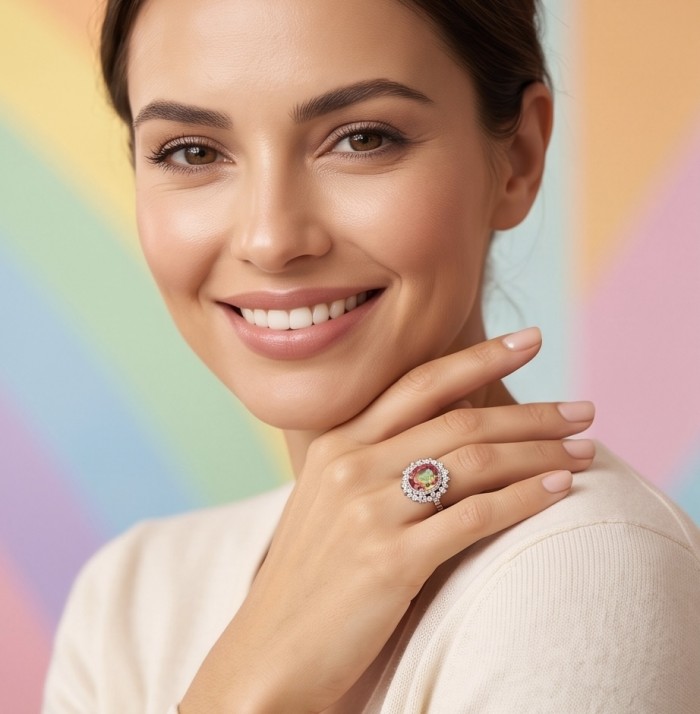 12.8 carat Brazilian Tourmaline .925 Sterling Silver dipped in rhodium Perfectly handcrafted Ring s. 8 - Woman wearing Brazilian Tourmaline ring, front view with a smile
