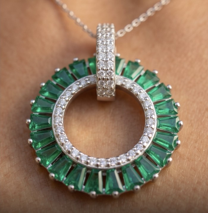 Spectaculat 2.1 carat Tsavorite Garnet rhodium over .925 Sterling Silver handcrafted Statement Pendant - Close-up of ornate Tsavorite Garnet pendant with diamond accents.