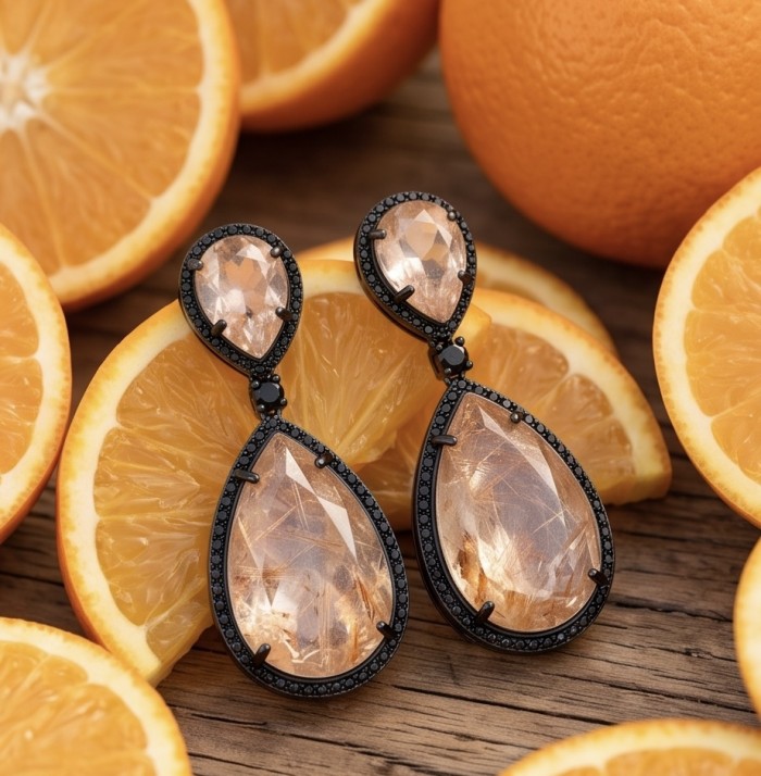 Jasmine 14.9 carat authentic Morganite Quartz .925 Sterling Silver dipped in black rhodium Handcrafted Statement Earrings - Earrings with Morganite Quartz surrounded by oranges, top view.