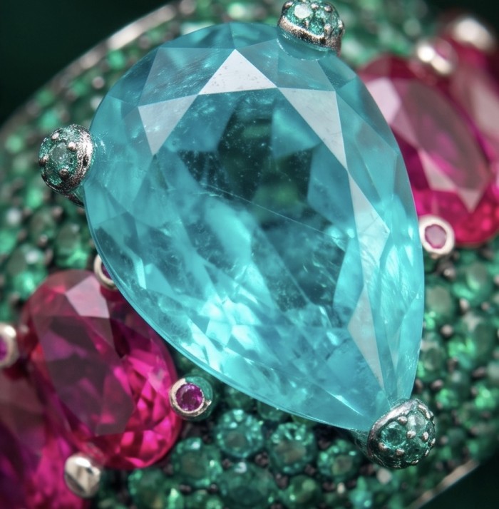 Iconic design - Natural 14.5 carat Emerald 6.8 carat Ruby Sapphire rhodium over .925 Sterling Silver handcrafted ring size 7 - Close-up of emerald and ruby stones in an iconic jewelry design.