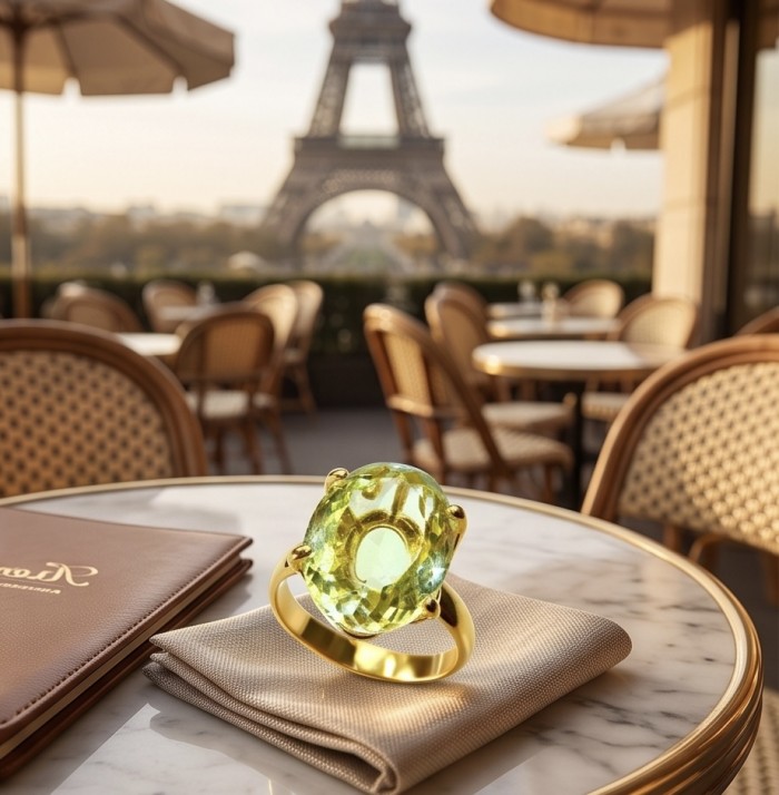 Authentic princess cut 12.8 carat Lemon Quartz 22K Gold over .925 Sterling Silver handmade Ring s. 8 1/4 - Lemon Quartz ring on table with Eiffel Tower in background.
