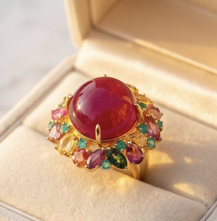 King of Gems Genuine 24.5 CARAT Mozambique Star Ruby 22K Gold over .925 Sterling Silver Large Statement Ring size 7 1/4 - Close-up of 24.5 carat Mozambique ruby ring in 22K gold setting.