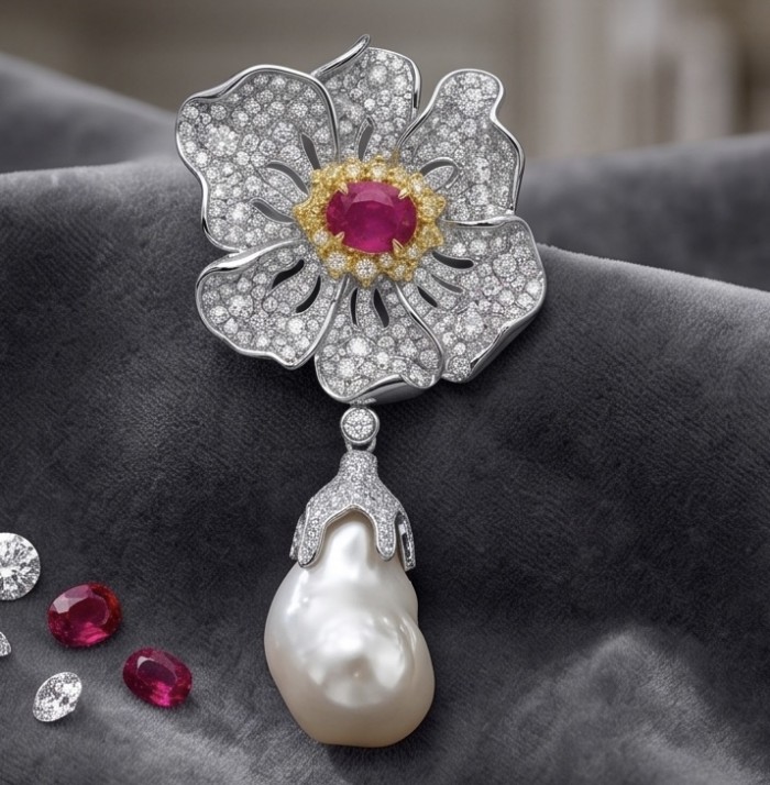 Vintage Beauty 4.5 carat Ruby rhodium ver .925 Sterling Silver handmade Pendant Brooch - Floral brooch with ruby center and pearl drop on velvet background.