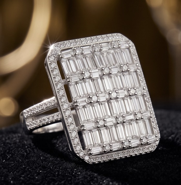 Art Deco Luxurious 14.5 carat White Topaz rhodium over .925 Sterling Silver ring size 7 - Art Deco style ring with white topaz, detailed front view on black fabric.