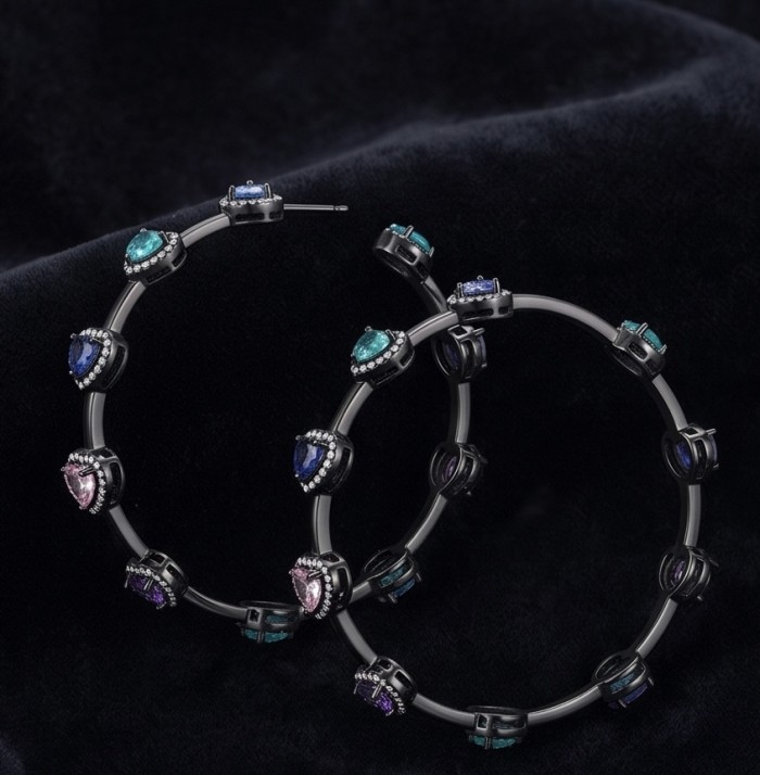 Extravaganza authentic inside-out 10.5 carat Multicolor Sapphire black rhodium over .925 Sterling Silver Handcrafted Hoop Earrings - Multicolor sapphire hoop earrings on a velvet background, angled view.