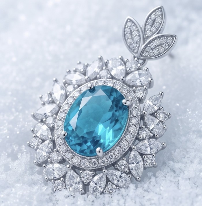Royalty oval cut 7.2 carat Paraiba Tourmaline .925 Sterling Silver entirely handmade earrings - Close-up of Royalty oval cut Paraiba Tourmaline pendant on white surface