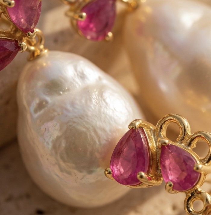 Baroque style Precious natural Mother of Pearl 18K Gold over .925 Sterling Silver handcrafted earrings - Close-up of baroque pearl with pink gemstones in gold setting.