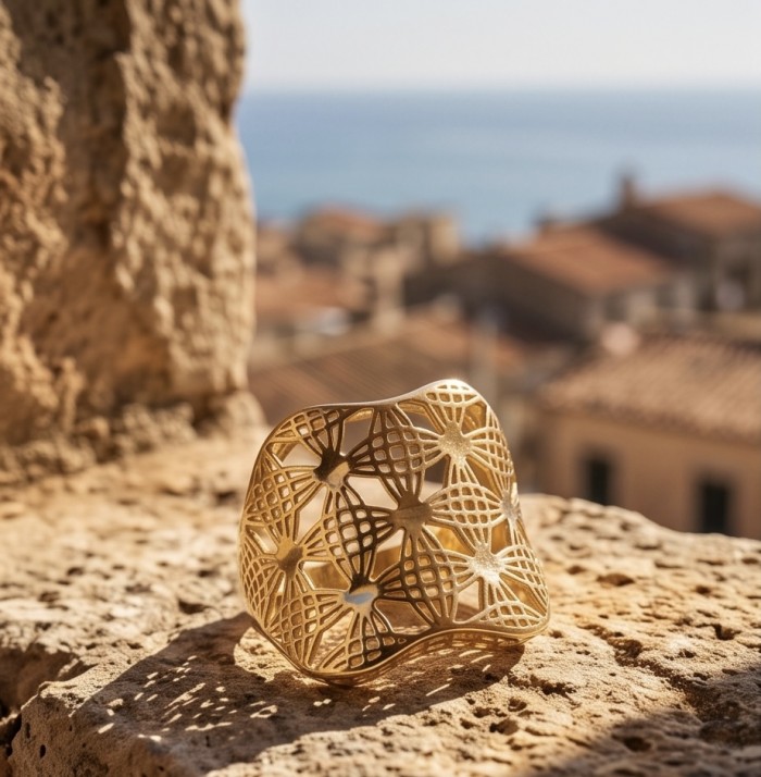 GOLDEN MYSTERY - Dubai Style - .925 Sterling Silver dipped in 22K Gold handmade ring size 9 - Golden bracelet with intricate design, side view on stone background