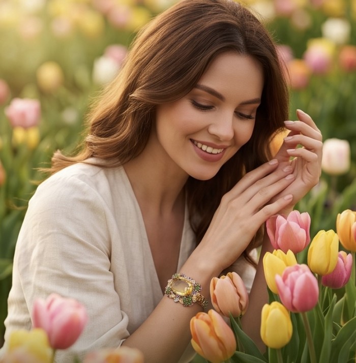 Marie Antoinette's Style - Authentic 28.9 carat Brazilian Citrine .925 Sterling Silver dipped in 18K Gold handcrafted Bracelet - Bracelet worn among tulips, showcasing the intricate design.