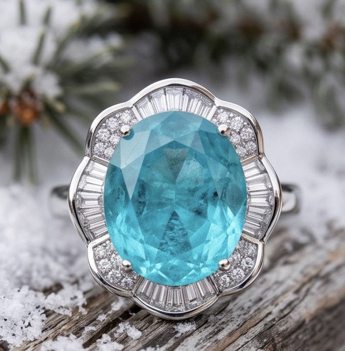WONDERLAND 4.8 carat Paraiba Tourmaline .925 Sterling Silver Handcrafted Ring size 8 1/4 - Close-up of a Paraiba Tourmaline ring on a snowy background.