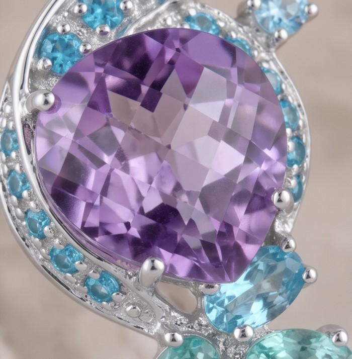 RARE BEAUTY! Valentina 18.9 carat Amethyst .925 Sterling Silver dipped in rhodium Statement handcrafted earrings - Stone close-up of Valentina 18.9 carat Amethyst in .925 Sterling Silver.