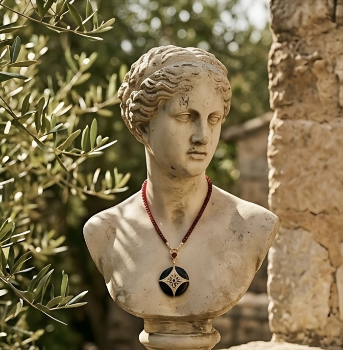 Celtic Cross Authentic Onyx 25.2 Carat Ruby .925 Sterling Silver dipped in 14K Gold handcrafted necklace - Bust with Celtic Cross Onyx pendant in outdoor garden setting