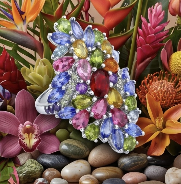 Exquisite 15.2 ctw Mozambique Ruby Multigem rhodium over .925 Sterling Silver handcrafted Statement Ring size 8 - Close-up of multigem ring with ruby, surrounded by colorful flowers.