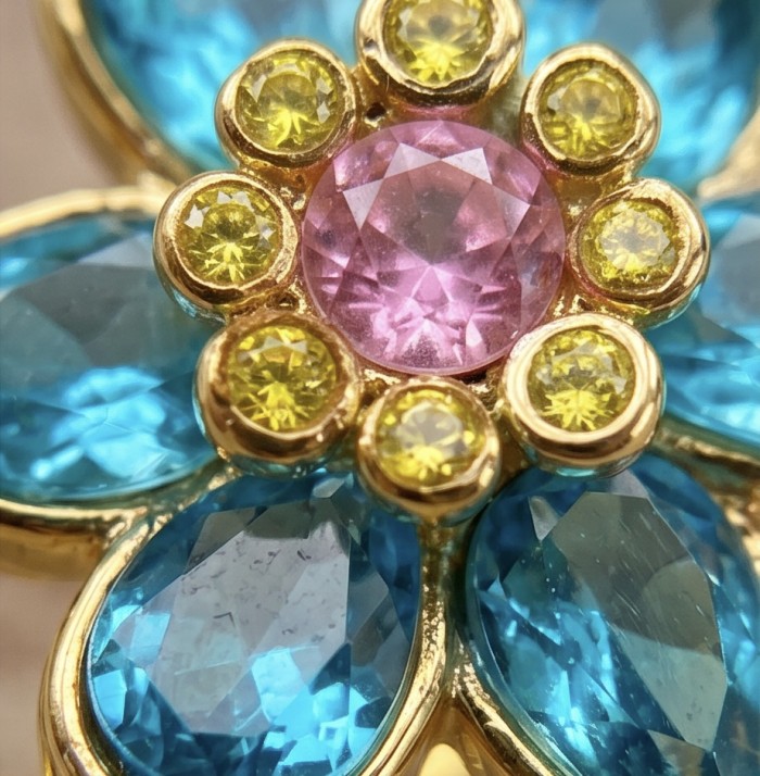 Summer flower 6.5 carat genuine Blue Topaz 14K Gold over .925 Sterling Silver handmade Statement Ring size 10 - Stone close-up of Summer flower with Blue Topaz and gold accents