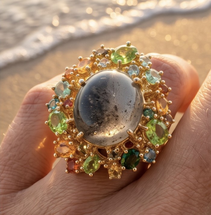 Giant! - The best quality genuine 26.5 carat Phantom Quartz 18K Gold over .925 Sterling Silver handmade Statement Ring s. 6 - Close-up of Phantom Quartz ring with colorful gemstones worn on hand.